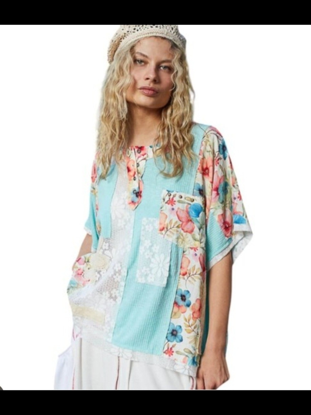 POL Aqua Floral Patchwork Tunic Top